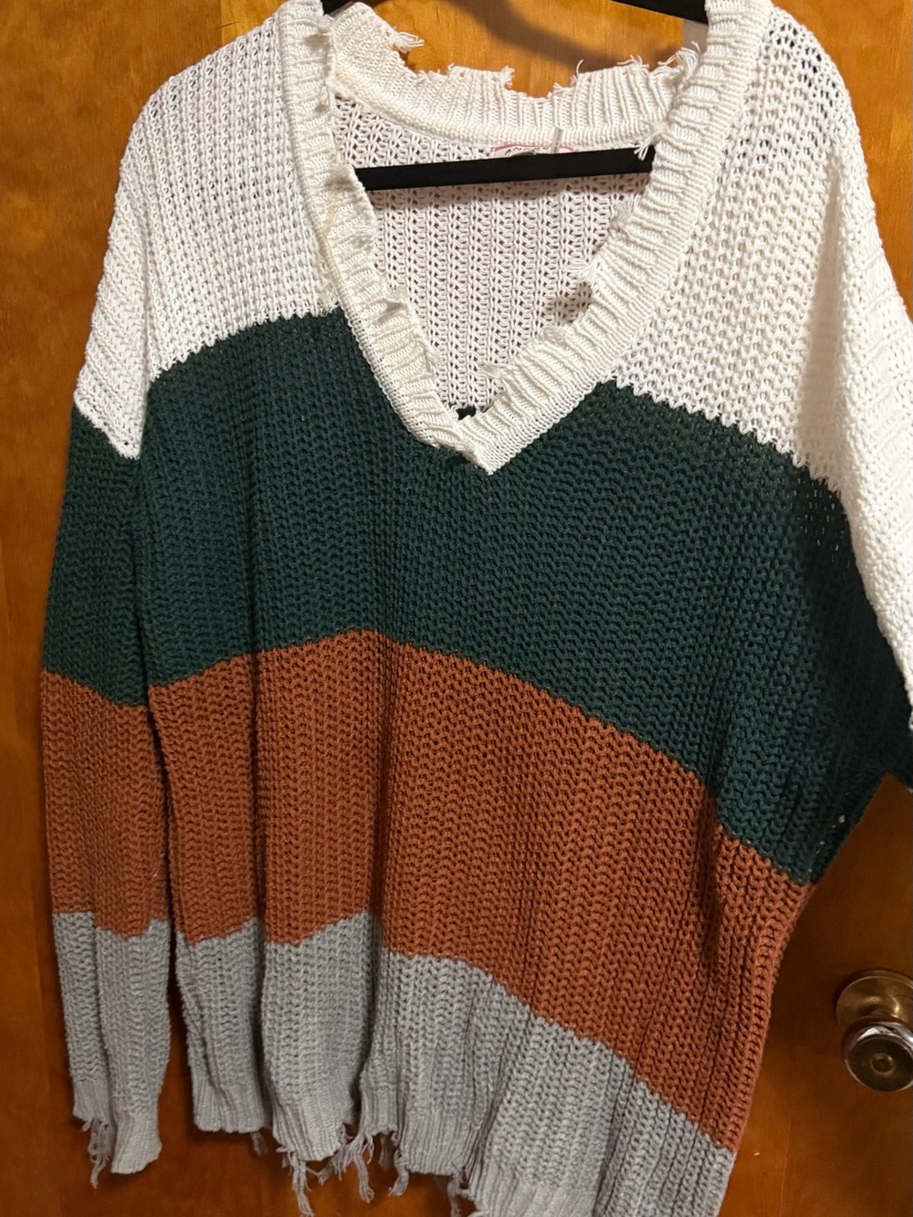 Cozy Colorblock V-Neck Knit Sweater - Cream, Forest Green, Rust & Light Gray